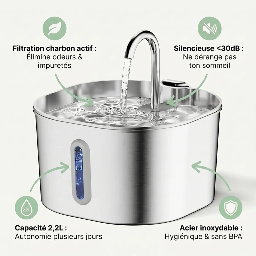 Fontaine à Eau Inox 2,2L – Silencieuse & Hygiénique pour Ton Chat - GetForCat
